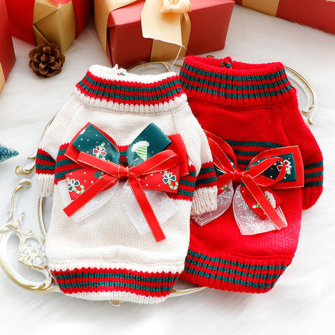 Christmas Bow Knitted Pet Sweater