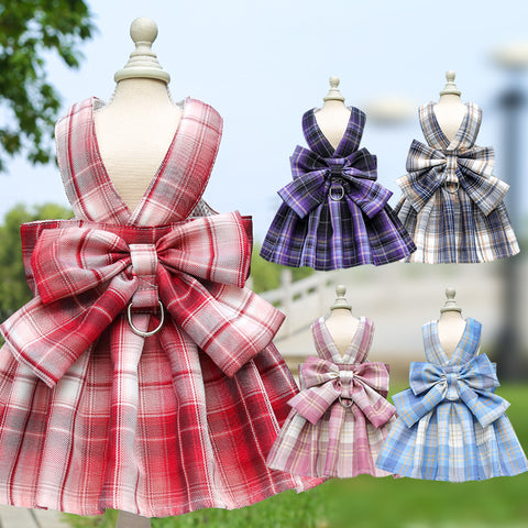 Bowknot Plaid Pet Dress With Leash