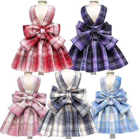 Bowknot Plaid Pet Dress With Leash
