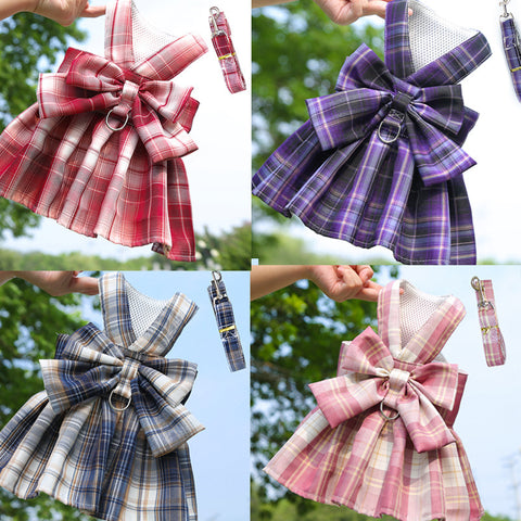 Bowknot Plaid Pet Dress With Leash