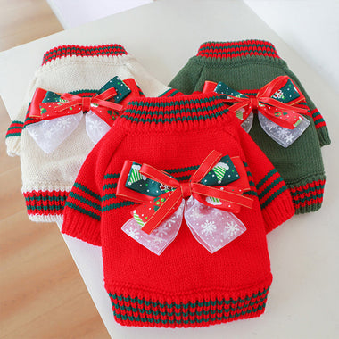 Christmas Bow Knitted Pet Sweater
