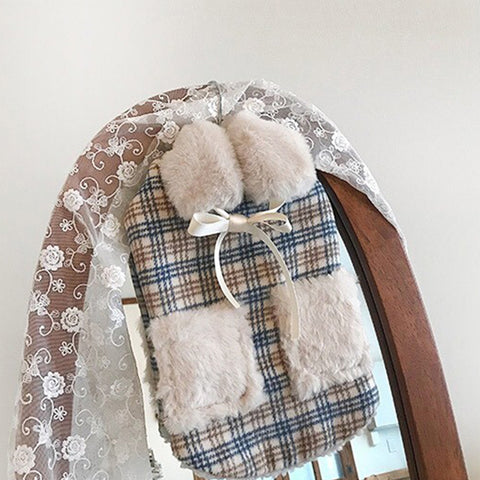 Plush Plaid Vest With Scarf