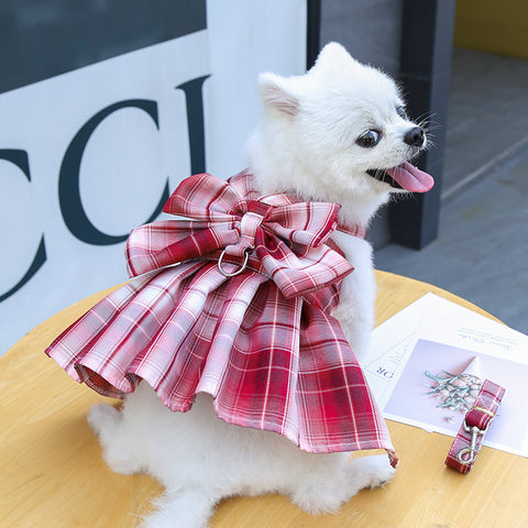Bowknot Plaid Pet Dress With Leash