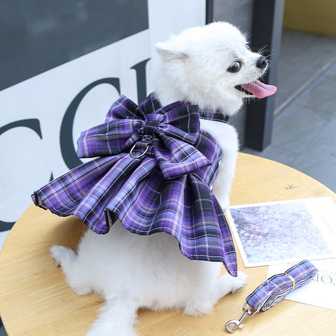 Bowknot Plaid Pet Dress With Leash