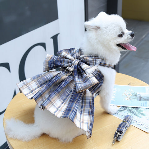 Bowknot Plaid Pet Dress With Leash