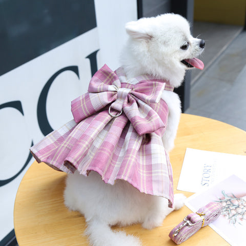Bowknot Plaid Pet Dress With Leash