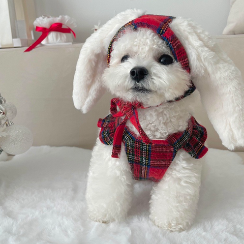Christmas Bow Skirt + Rabbit Headgear Set Pet Clothes